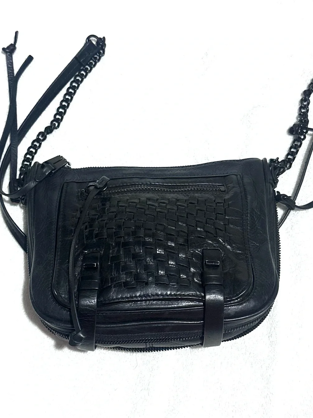 Woven Front Black Leather Crossbody Bag